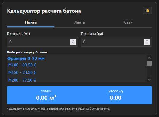 <span class="entry-title-primary">Калькулятор расчета количества и стоимости бетона</span> <span class="entry-subtitle">Считайте, чтобы не платтить со своего кармана</span>
